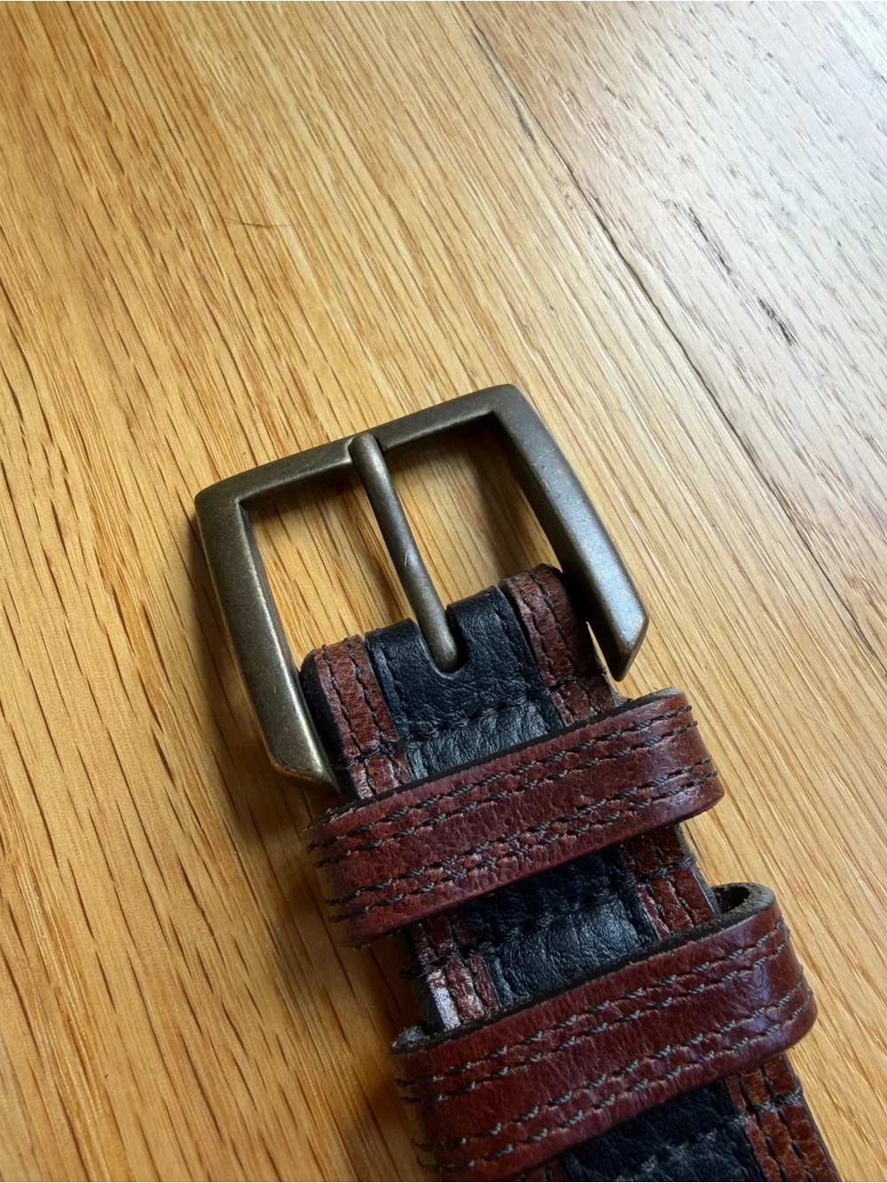 Allen Edmonds Two-Tone Brown and Black Leather Belt with Brass Buckle